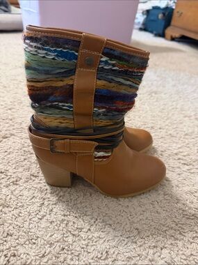 Francesca's Collections Tan Multicolor Knit Cuff Block Heel Ankle Boots